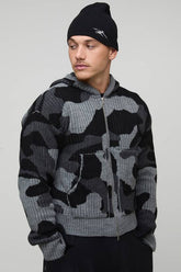 Boxy Fit Ribbed Camo Jacquard Knitted Zip Through Hoodie
