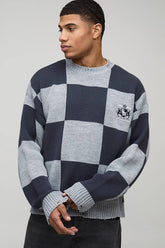 Oversized Boxy Distressed Embroidered Checkerboard Jumper