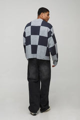 Oversized Boxy Distressed Embroidered Checkerboard Jumper