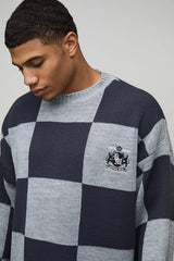 Oversized Boxy Distressed Embroidered Checkerboard Jumper