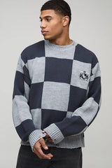 Oversized Boxy Distressed Embroidered Checkerboard Jumper