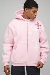 Oversized Zip Through Graffiti Tattoo Printed Hoodie