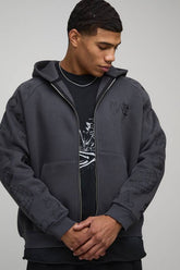 Oversized Zip Through Doodle Sleeve Printed Hoodie