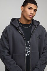 Oversized Zip Through Doodle Sleeve Printed Hoodie