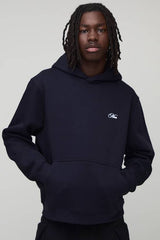 Navy Relaxed Fit Match Box Graphic Printed Hoodie