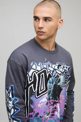 Oversized Shrunken Bird Graffiti Graphic Long Sleeve Raw Hem T-Shirt