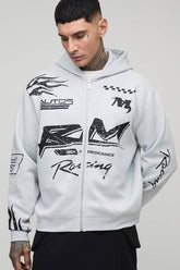 Tall Oversized Boxy Moto Racing Flame Zip Through Hoodie