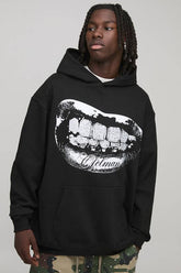 Black Oversized Rhinestone Mouth Foil Print Graphic Hoodie