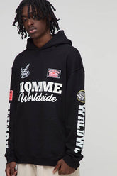 Black Oversized Puff Print Moto Badge Printed Hoodie