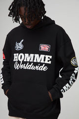 Black Oversized Puff Print Moto Badge Printed Hoodie