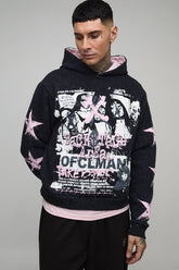 Tall Boxy Gothic Ofcl Man Star Printed Washed Hoodie