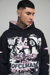 Tall Boxy Gothic Ofcl Man Star Printed Washed Hoodie