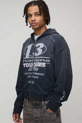 Black Oversized Premium Homme 13 Faded Wash Zip Through Hoodie