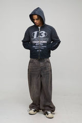 Black Oversized Premium Homme 13 Faded Wash Zip Through Hoodie