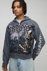 Charcoal Oversized Boxy Premium BHM Gothic Washed Printed Zip Through Hoodie
