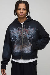 Black Shrunken Fit Premium Man Gothic Spray Wash Printed Zip Through Hoodie