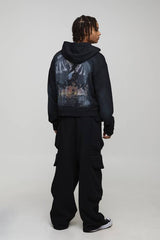Black Shrunken Fit Premium Man Gothic Spray Wash Printed Zip Through Hoodie