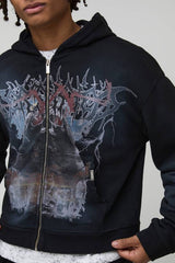 Black Shrunken Fit Premium Man Gothic Spray Wash Printed Zip Through Hoodie