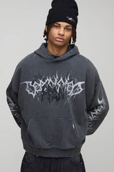 Charcoal Oversized Boxy Premium Man Tattoo Acid Wash Printed Hoodie