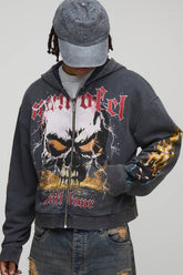 Charcoal Shrunken Fit Premium Man Ofcl Skull Acid Wash Zip Through Hoodie