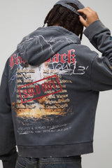 Charcoal Shrunken Fit Premium Man Ofcl Skull Acid Wash Zip Through Hoodie
