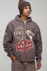 Washed Chocolate Oversized Zip Through Texas Ranch Printed Badge Hoodie