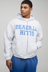 Oversized Boxy Zip Through Beverly Hills Vintage Print Hoodie