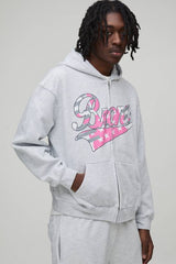 Oversized Boxy Zip Through Bronx Printed Hoodie