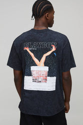 Black Oversized Playboy Christmas Acid Wash License Printed T-Shirt