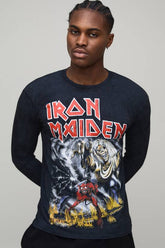 Black Regular Fit Iron Maiden Acid Wash License Printed Long Sleeve T-Shirt