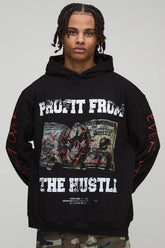 Black Oversized Boxy Hustle Printed Hoodie