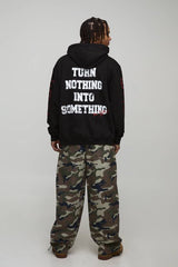 Black Oversized Boxy Hustle Printed Hoodie