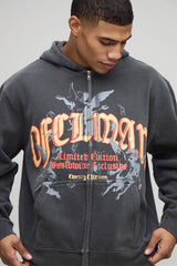 Washed Charcoal Oversized Boxy Zip Through Ofcl Man Printed Hoodie