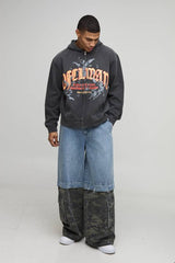 Washed Charcoal Oversized Boxy Zip Through Ofcl Man Printed Hoodie