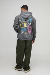Washed Charcoal Oversized Doodle Printed Hoodie