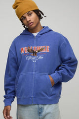Navy Oversized Boxy Zip Through Eagle Washed Printed Hoodie