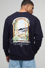 Navy Relaxed Fit Chalet Landscape Printed Sweatshirt