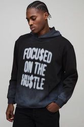 Black Oversized Hustle Washed Seam Printed Hoodie