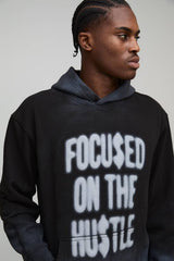 Black Oversized Hustle Washed Seam Printed Hoodie