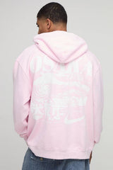 Pink Oversized Washed Osaka Printed Hoodie
