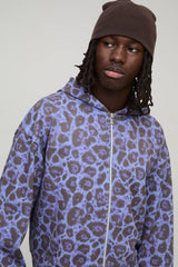 Shrunken Fit Leopard Print Zip Through Hoodie