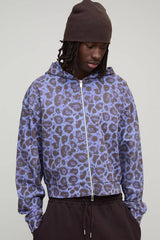 Shrunken Fit Leopard Print Zip Through Hoodie