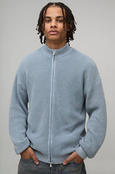 Relaxed Fit Acid Wash Ribbed Funnel Zip Thru Knitted Jumper