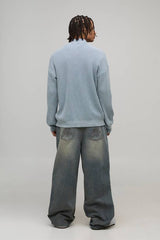 Relaxed Fit Acid Wash Ribbed Funnel Zip Thru Knitted Jumper