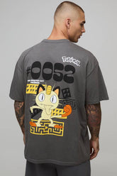 Charcoal Oversized Pokemon Meowth License Printed T-Shirt