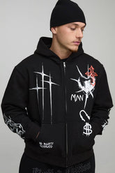 Black Oversized Boxy Graffiti Tattoo Printed Zip Through Hoodie