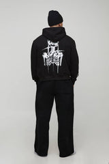 Black Oversized Boxy Graffiti Tattoo Printed Zip Through Hoodie