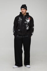 Black Oversized Boxy Graffiti Tattoo Printed Zip Through Hoodie