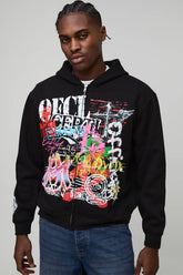 Black Oversized Boxy Graffiti Doodle Printed Zip Through Hoodie