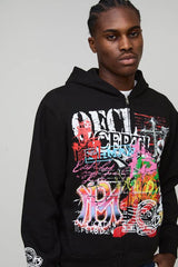 Black Oversized Boxy Graffiti Doodle Printed Zip Through Hoodie